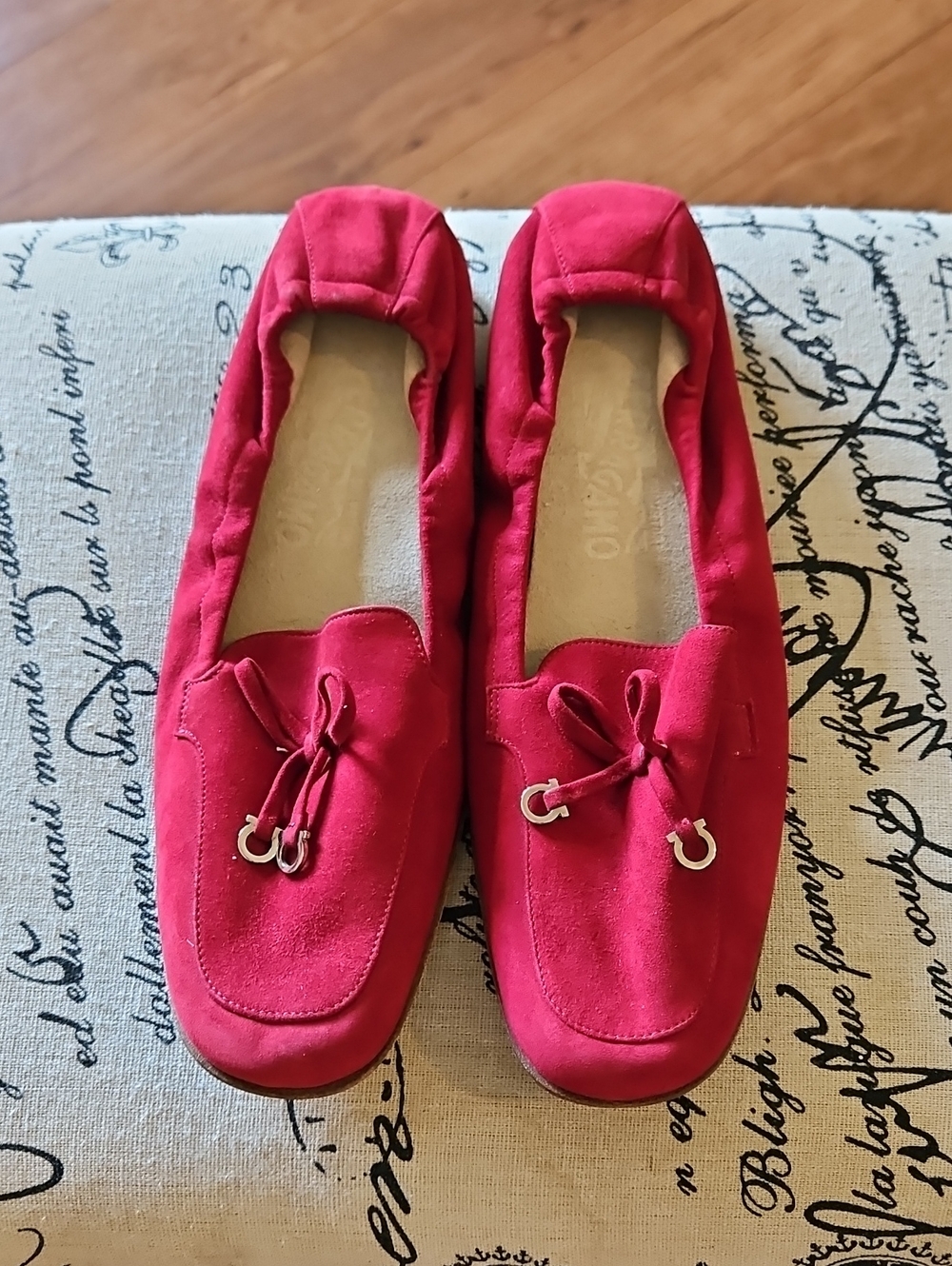 Salvatore Ferragamo Red Suede Loafers with Bow Accent